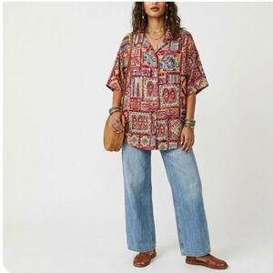 Vintage Melrose Abstract Print Geometric 100% Silk Short Sleeve Button Down 2X